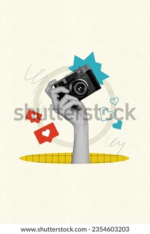 Vertical creative composite sketch photo collage of arm holding vintage camera doing photo in social media isolated painted background