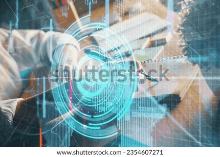 Multi exposure of woman's hands on background with technology and digital coding icons. Data development concept.
