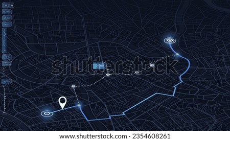 Isometric Gps, graphic tourist map of territory. Smartphone map application. App search map navigation. Fragments of town. Futuristic route dashboard gps map tracking. Vector illustration, Royalty-Free Stock Photo #2354608261