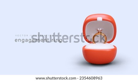 Engagement ring with precious stone in open box. Accessory for marriage proposal. Advertising poster in cartoon style. Template for jewelry store. Promotion announcement Royalty-Free Stock Photo #2354608963