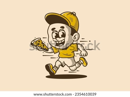 a little boy running and holding a slice of pizza, vintage illustration