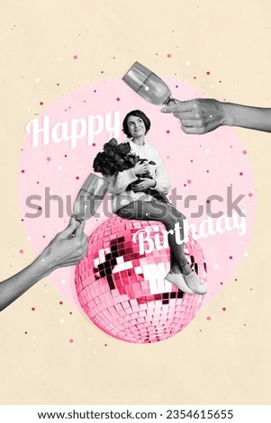 Postcard vertical collage of pretty cute girl sit disco ball drink wine enjoy cool party night club isolated on drawing background
