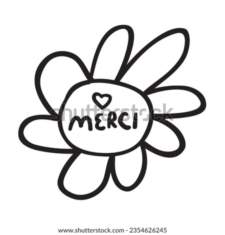 Word Merci. Flower. French language. Thank you in English. Vector design on white background. 