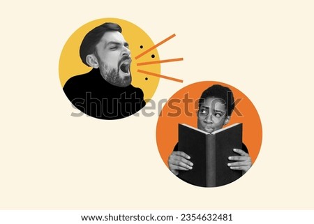 Composite collage picture image of shouting angry man loud screaming smart woman hold book reading irritated annoyed argument Royalty-Free Stock Photo #2354632481