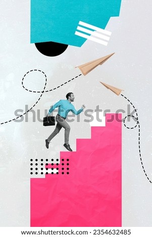 Vertical collage picture of mini black white colors guy hold briefcase run climb stairs upwards flying paper airplanes isolated on grey background
