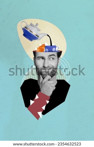 Vertical collage picture of minded black white colors guy arm touch chin pot pour tea coffee mug croissant inside head isolated on blue background