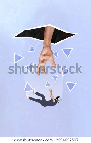Vertical composite collage image of huge arm break pull mini astronaut guy through black hole isolated on blue background