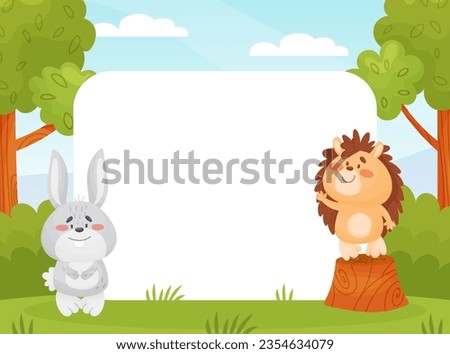 Funny Hedgehog and Bunny Forest Animal at Empty Card Vector Template