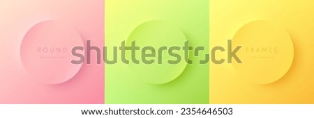 Set of 3D gradient circles frames background. Pink, green and yellow round podium in top view design. Geometric product display presentation with copy space. Pastel minimal scene. Vector illustration.