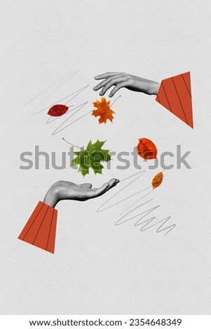 Vertical composite illustration 3d photo collage of two hands manage orange leaves control weather isolated on gray color background Royalty-Free Stock Photo #2354648349