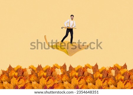 Collage image of cheerful mini elegant guy hold umbrella flying big fallen leaf isolated on creative autumn beige background Royalty-Free Stock Photo #2354648351