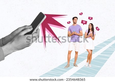 Banner picture poster collage of smiling two people use modern device instagram facebook messengers chat isolated on painted background