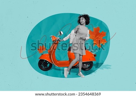 Collage portrait of excited black white effect carefree girl dancing scooter bike big maple leaf isolated on blue background