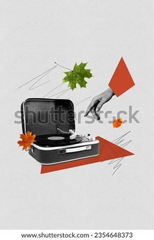 Vertical composite illustration photo collage of hand stretches to vintage vinyl record press play isolated on gray color background Royalty-Free Stock Photo #2354648373