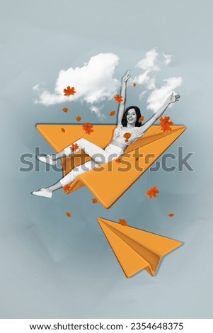 Vertical collage picture of cheerful mini black white colors girl flying big paper plane clouds sky falling maple leaves