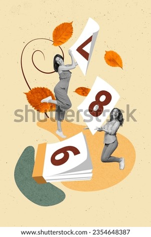 Vertical composite 3d photo collage illustration of happy satisfied positive girls wait for autumn days isolated drawing background Royalty-Free Stock Photo #2354648387