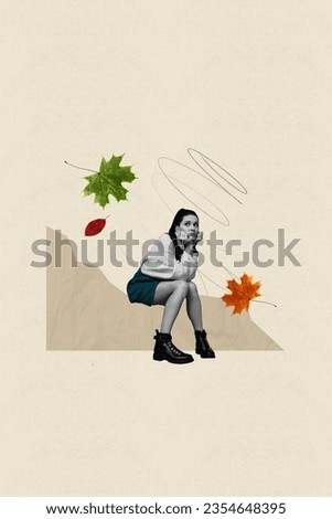 Vertical composite abstract photo collage of sad upset girl stay at home because of bad weather isolated on pastel color background