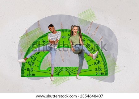 Composite collage portrait of two funky friends girls have fun dancing supplies green plastic big protractor isolated on grey background