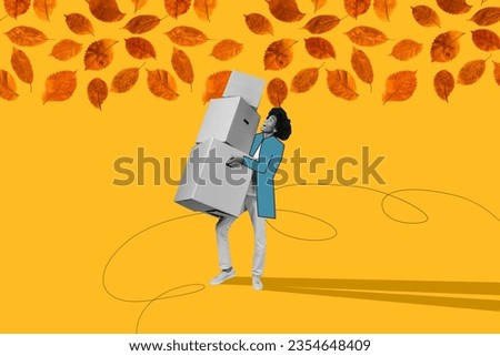 Collage image of excited cheerful black white effect guy hands hold pile stack carton boxes catch falling leaves isolated on orange background