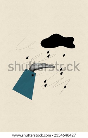 Vertical composite abstract photo illustration collage of hand catching raindrops outdoor in autumn isolated on beige color background