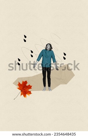 Vertical composite photo abstract collage of clueless confused astonished man go outdoors in rainy weather isolated on drawing background