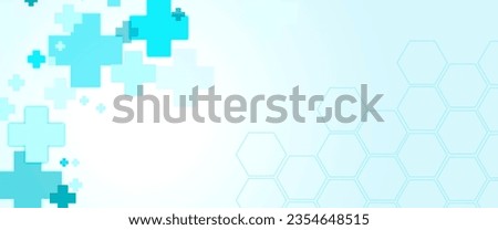 Medical illustration with molecular formula, space for copy. Banner with medical infographics, crosses, polygons on a light background with a gradient. Abstract background of healthcare.