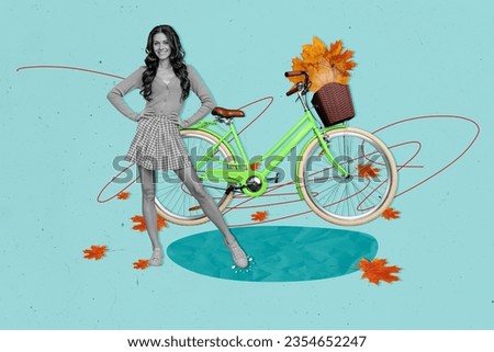 Collage portrait of pretty positive black white effect girl posing bicycle basket fallen maple leaves isolated on blue background