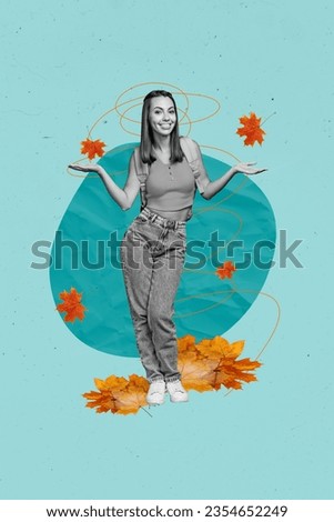 Vertical collage image of black white effect positive girl arms hold catch flying fallen maple leaves isolated on blue background