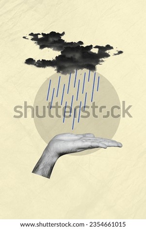 Collage photo template illustration of arm holding check forecast demonstrate raindrop cloudy weather storm isolated on beige background