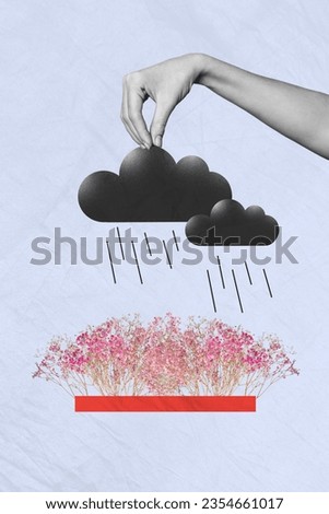 Creative 3d collage photo picture of grey clouds drops raining weather bad forecast blossom bush flowers isolated over drawing background