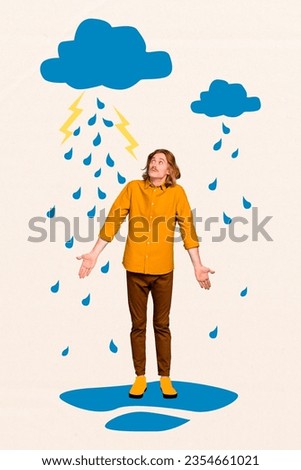 Vertical abstract creative composite photo collage of clueless confused man standing outdoors under rain isolated on painted background