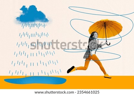 Creative composite photo collage of cheerful nice girl running outdoors with umbrella in rainy weather isolated on colorful background