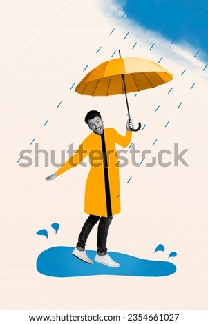 Vertical creative composite photo collage of optimistic guy wear raincoat hold umbrella walk in rain isolated on painted background