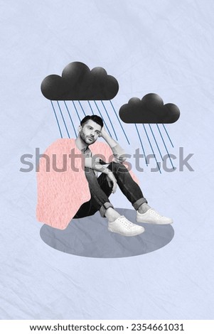 Collage of stressed young man sitting apathy fall season rainy days cloudy forecast wrapped waterproof coat isolated on grey background