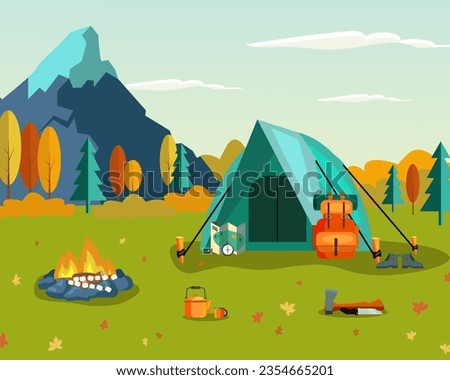 Cozy campsite in forest in autumn vector illustration. Camping equipment and essentials, tent with backpack, campfire with marshmallows, map and compass for navigation. Nature, fall concept