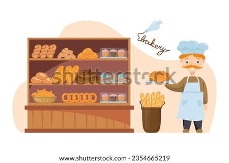 Baker presenting fresh treats and delights vector illustration. Tasty bread, donuts, muffins, croissants, baguettes and pastries on shelves. Bakery, food, culinary concept Royalty-Free Stock Photo #2354665219