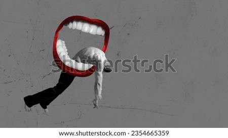 Vampire bite. Muscular young man hanging on open giant mouth. Black and white. Fearful time. Contemporary art collage. Concept of surrealism, Halloween, creepy art, imagination and fantasy. Banner, ad