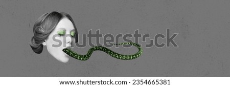 Female head, young woman with snake inside mouth over grey background. Witch. Contemporary art collage. Concept of surrealism, Halloween, creepy art, imagination and fantasy. Banner, ad