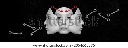 Young woman with many splitting faces. Black and white image. Inner self witch. Contemporary art collage. Concept of surrealism, Halloween, creepy art, imagination and fantasy. Banner, ad