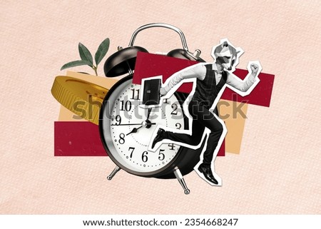Creative collage of mini black white colors elegant guy raccoon head run hold briefcase huge bell ring clock money coin plant leaves