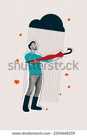 Vertical collage of cheerful black white colors guy hold umbrella stand under rainy cloud falling maple leaves isolated on checkered background