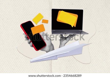 Artwork collage picture of two black white colors arms hold netbook smart phone display dialogue bubble flying paper airplane