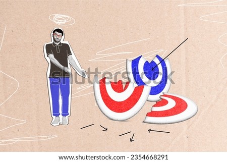 Creative composite illustration photo collage of sad upset confused man directing at broken targets aim isolated on painted background