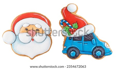 Christmas gingerbread with Santa hat and car isolated with clipping path.