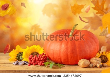 Festive autumn background with pumpkin and fallen leaves, copy space. 