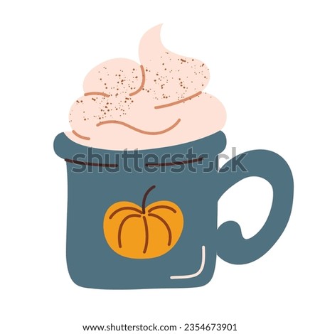 Pumpkin spice latte, coffee mug icon, vector illustration of autumn hot drink, thanksgiving and halloween beverage, doodle for cafe menu, isolated colored clipart on white background