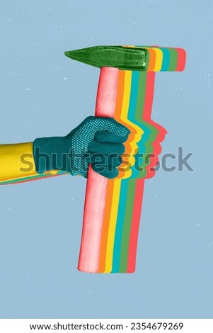 Promo picture illustration collage of arm hold colorful rainbow hammer clap beat create construction handyman isolated on blue background