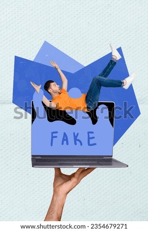 Collage artwork graphics picture of scared guy suck in fake news modern device isolated painting background