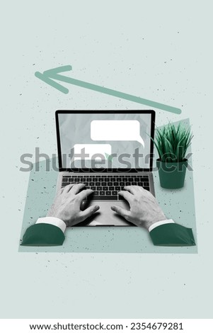Vertical composite collage of netbook user business job text cursor click messenger laptop display email forum isolated on grey background