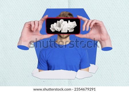 Creative composite abstract photo collage of young man look at smartphone addicted to social media isolated on colorful background Royalty-Free Stock Photo #2354679291